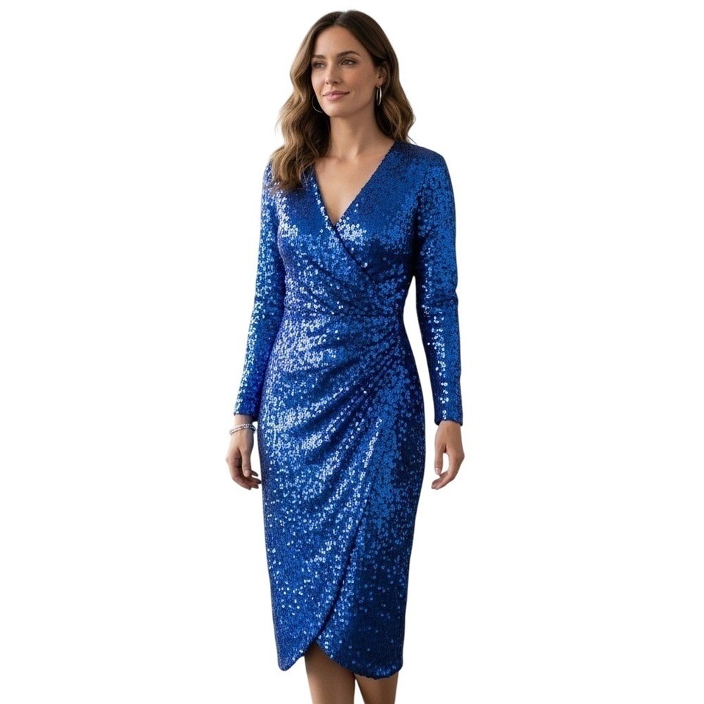 Oleg Cassini Women's Dress Faux Wrap All Over Sequins Long Sleeve Holiday Formal